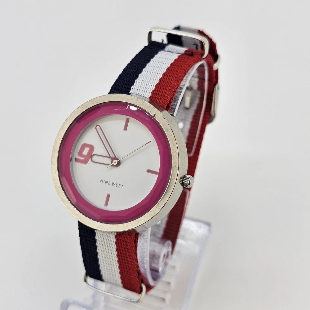 Nine West Women's Watch 40MM White Dial NEW Multicolor Nylon Band NEW Battery